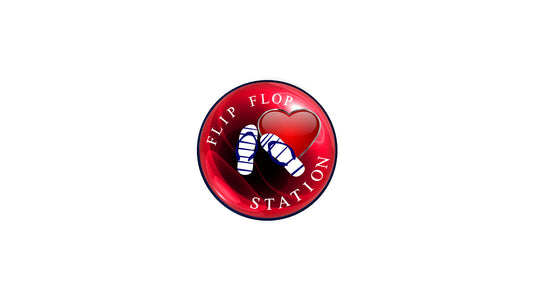 Flipflopstation.com valentine's logo, in red depicting a pair of sandals and a heart