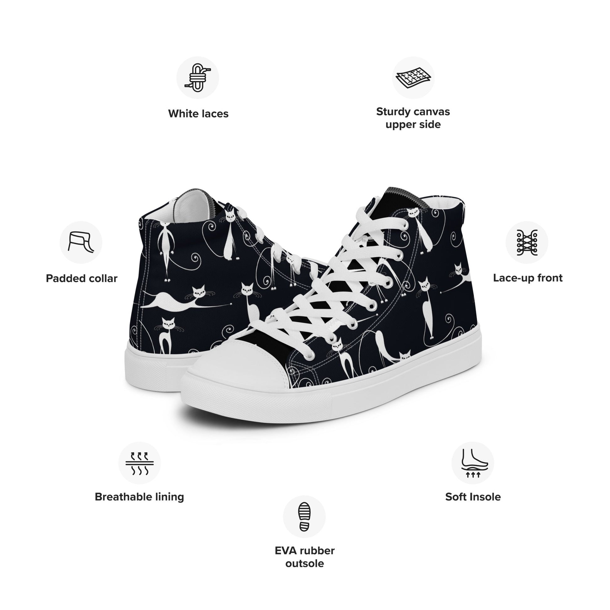 Chic Noir: Parisian Kitten - Women’s high top canvas shoes