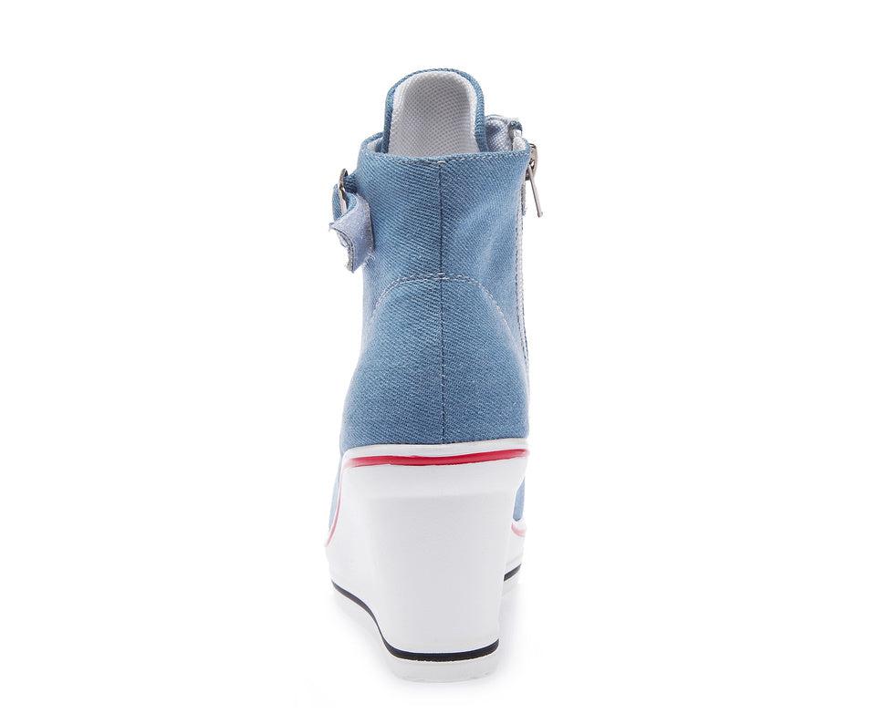 Denim Wedge - Women High Top Canvas Shoes