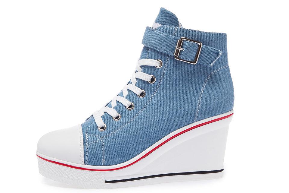 Denim Wedge - Women High Top Canvas Shoes