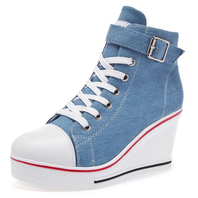 Denim Wedge - Women High Top Canvas Shoes