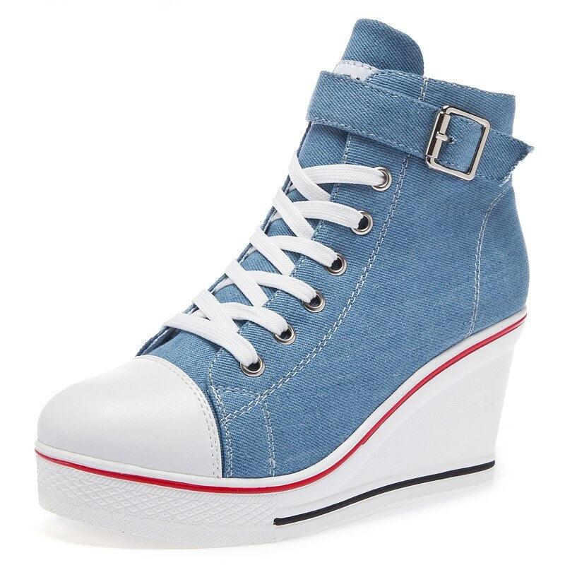 Denim Wedge - Women High Top Canvas Shoes